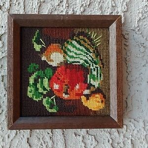 Vintage Framed  Needlepoint Picture of Gourds & Parsley Sprigs